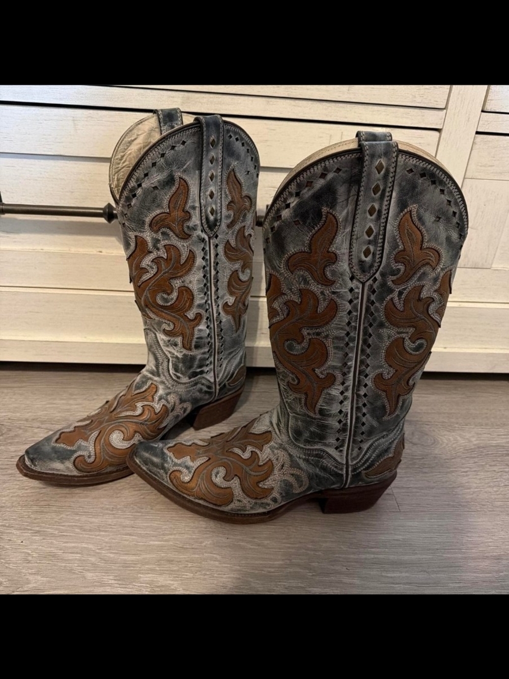 J.B Dillon Western Leather Cowboy Boots - Gray & Brown - Picture 3 of 3